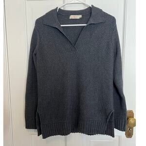 Tory Burch Womens M Gray Wool Sweater V Neck Collar Melange Honeycomb Minimalist